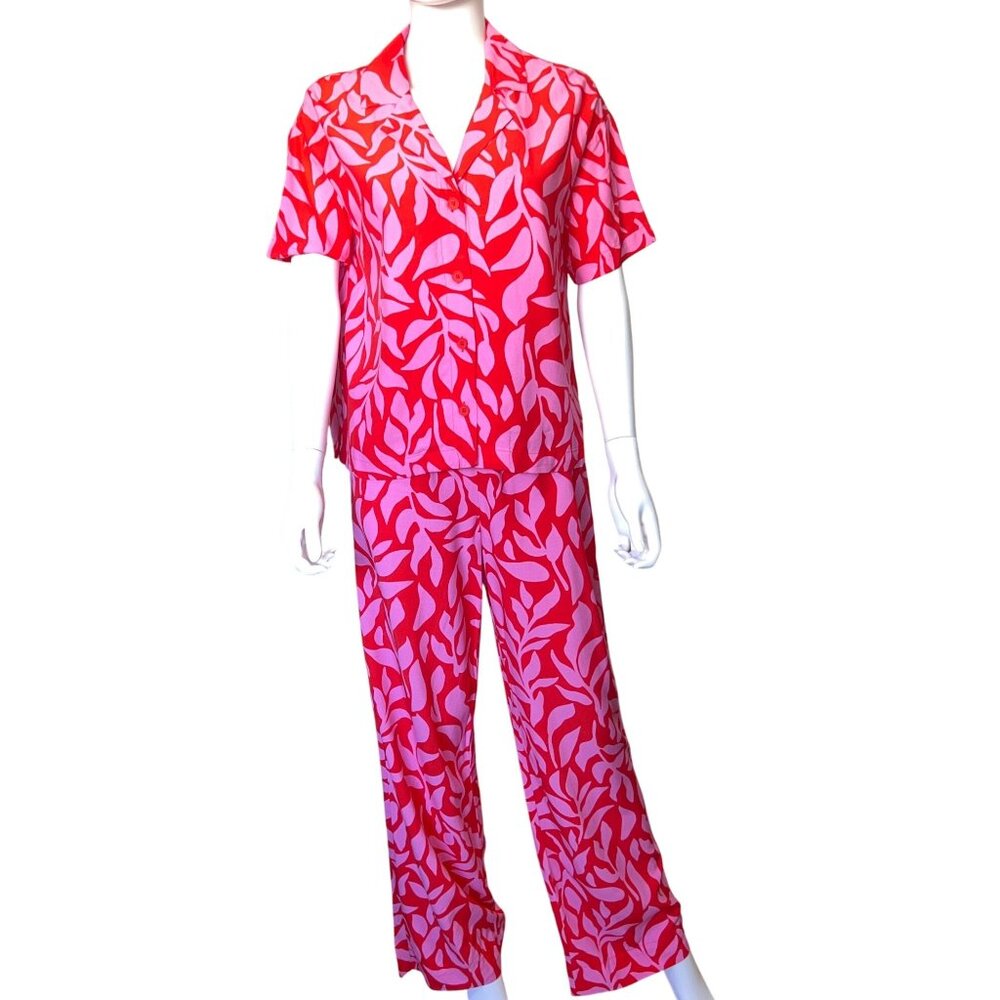 A New Day Pajama Set Womens XS 2-Piece Red/Pink Rayon Tropical Print Relaxed Fit